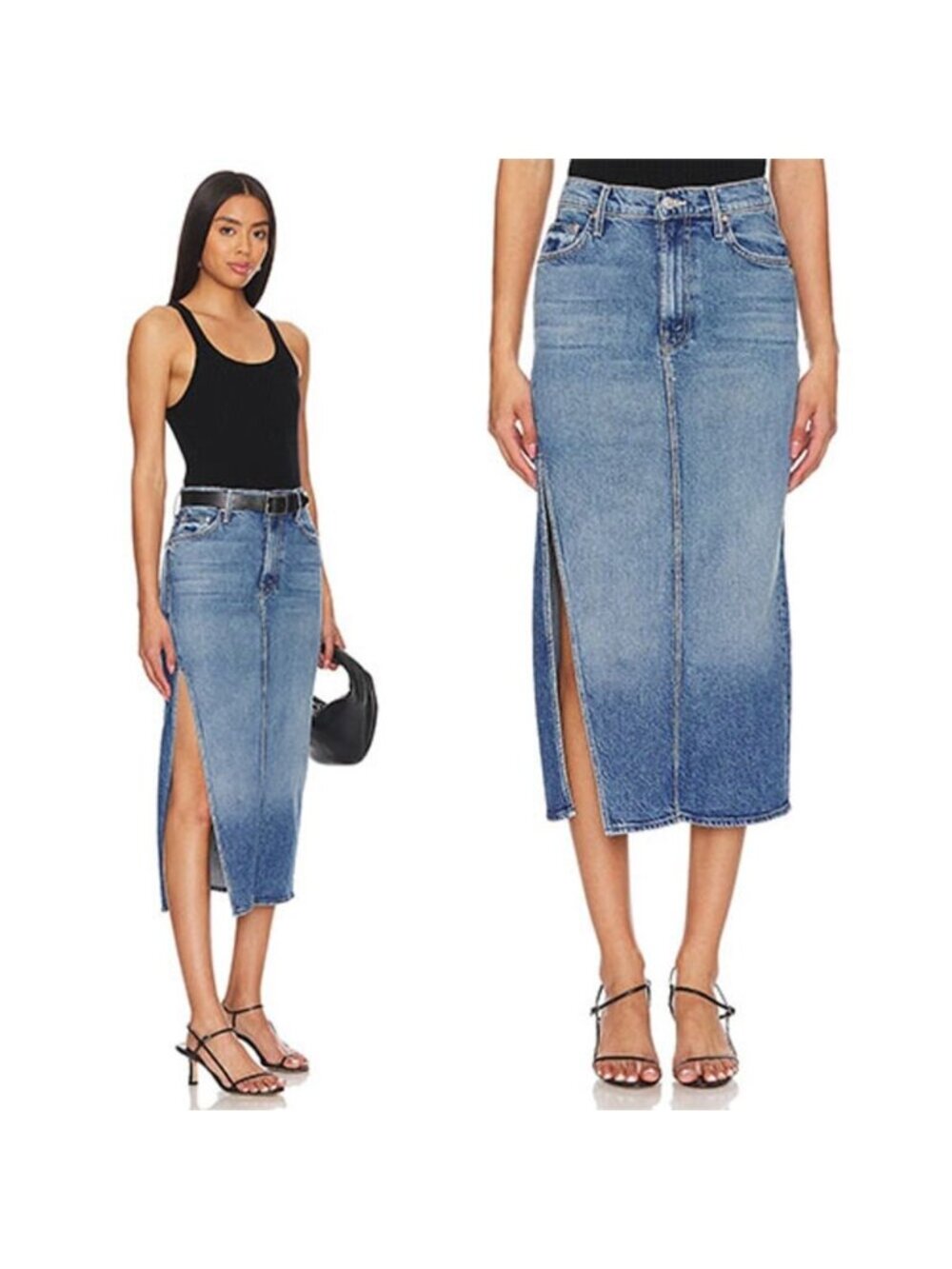 NEW MOTHER The Split Second Denim High Rise Midi Skirt Medium Wash Size: 31
